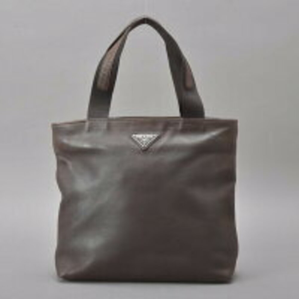 Prada handbag triangular plate Dark Brown Black leather tote bag